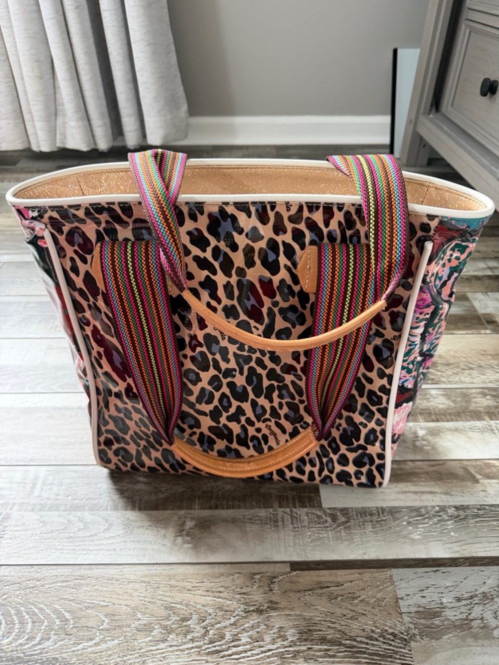 Consuela Leopard Print Tote Bag with Multicolor Straps - Women's Bag